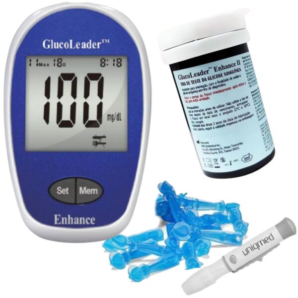 Kit Completo Aparelho+caneta+50 Tiras Glucoleader Diabetes