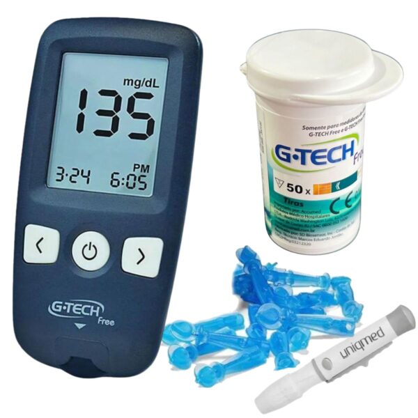 Kit Completo Aparelho+caneta+50 Tiras Gtech Free Diabetes